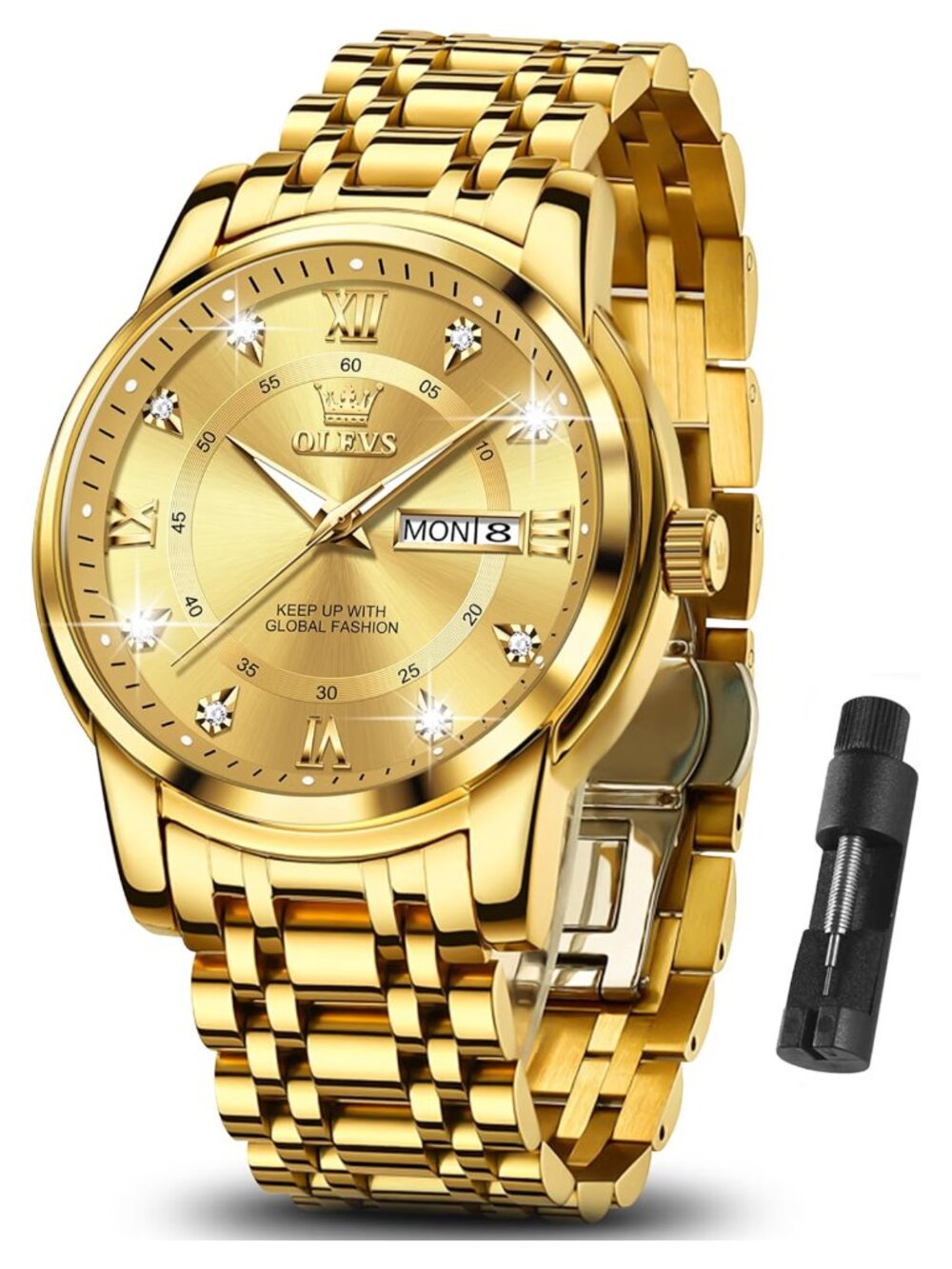 Men's Gold Stainless Steel Big Face Watch Day Date Luminous Waterproof